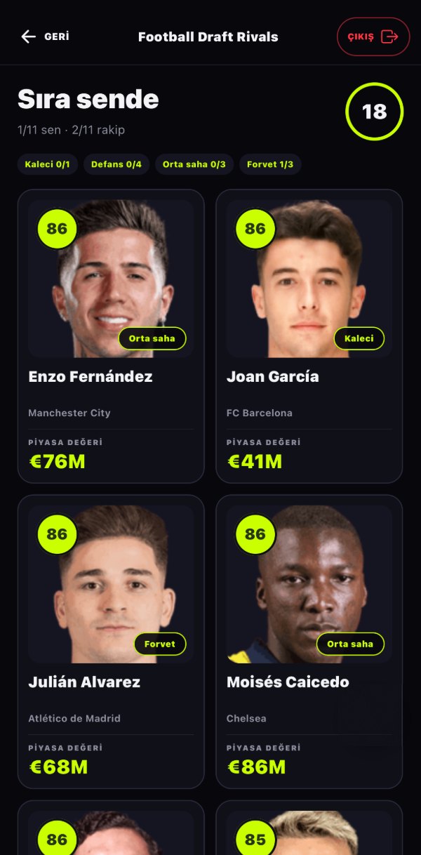 Football Draft Rivals futbolcu seçim kartları